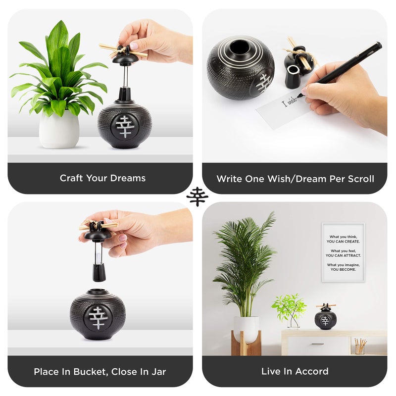 Live Whale Planner Live Whale Zen Decor Law of Attraction Asian Inspired Wishing Pot, Inspirational Gifts, Gratitude Jar with Scroll, Ceramic Jar with Lid for Daily Affirmations and Blessings, Black 3.5x3.5x4â€ - Image 3
