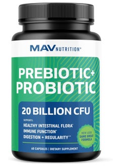 MAV Nutrition Probiotic & Prebiotic Capsules | Pre & Pro Biotics for Synbiotic Gut Health & Bloating Relief for Women & Men | Enzymes with Probiotics for Digestive Health | 20 Billion CFU | Vegetarian | 60 Ct. 