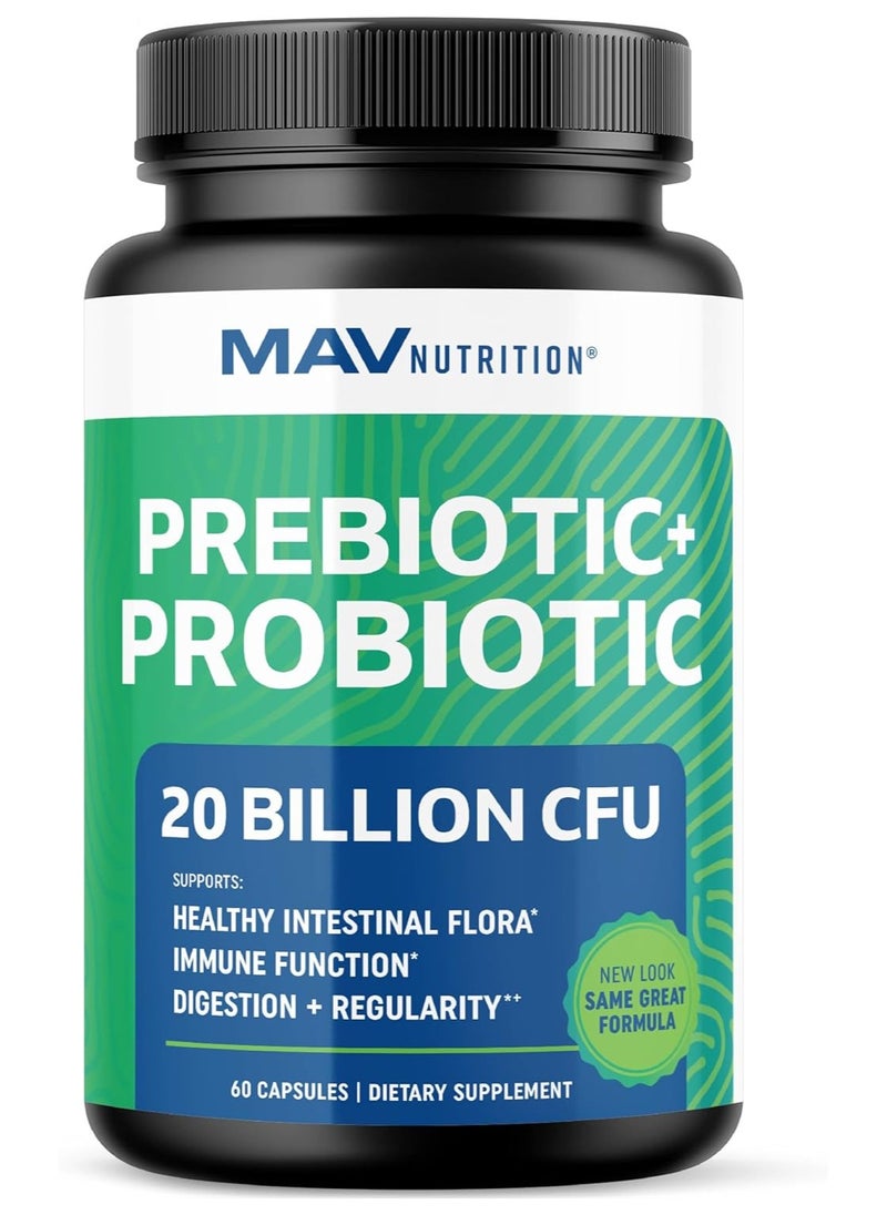 MAV Nutrition Probiotic & Prebiotic Capsules | Pre & Pro Biotics for Synbiotic Gut Health & Bloating Relief for Women & Men | Enzymes with Probiotics for Digestive Health | 20 Billion CFU | Vegetarian | 60 Ct. 