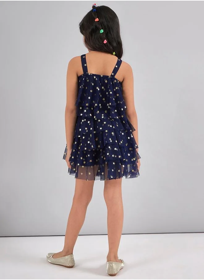 ستايلو بج Star Print Mesh Insert Layered Dress by Styli