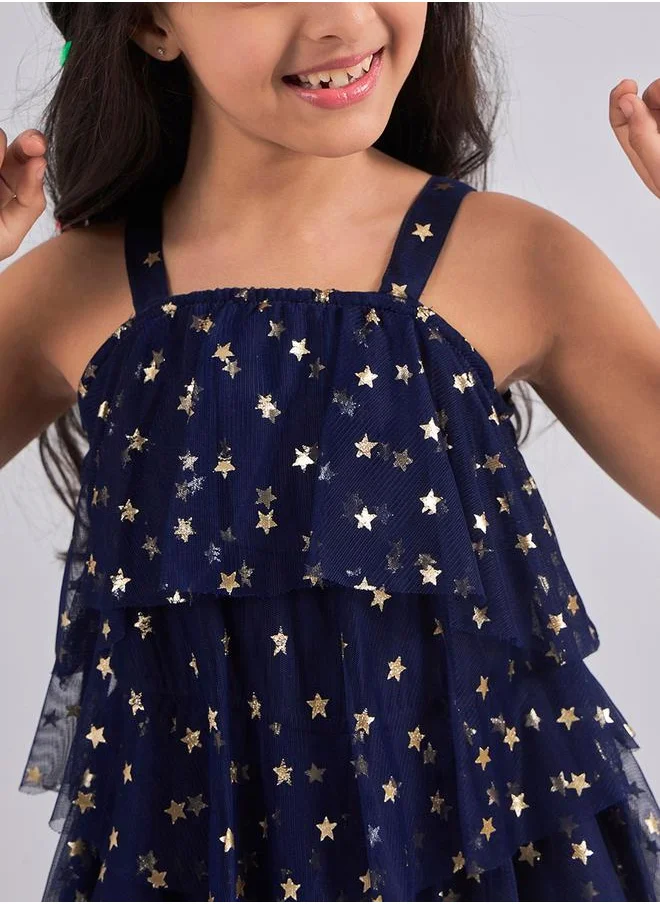 ستايلو بج Star Print Mesh Insert Layered Dress by Styli