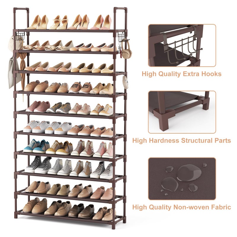 VTRIN 10 Tiers Shoe Rack Tall Large Capacity Wide Shoe Organizer Sturdy Shoe Shelf for Entryway with Two Hooks Metal Shoe Storage for Closet, Bedroom, Brown - Image 4