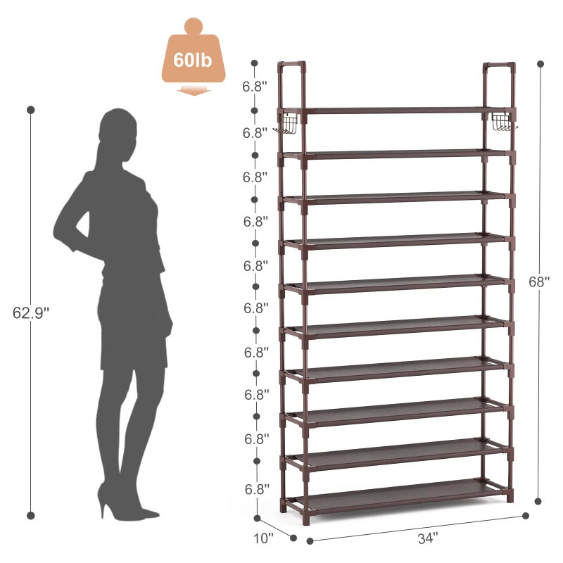 VTRIN 10 Tiers Shoe Rack Tall Large Capacity Wide Shoe Organizer Sturdy Shoe Shelf for Entryway with Two Hooks Metal Shoe Storage for Closet, Bedroom, Brown - Image 3
