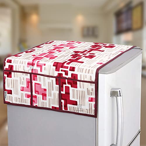 E-Retailer® Polyester 3-Layered Fridge Top Cover/Refrigerator Cover With 6 Utility Pockets (Color-Red, Size-39x21 Inches) - Image 1