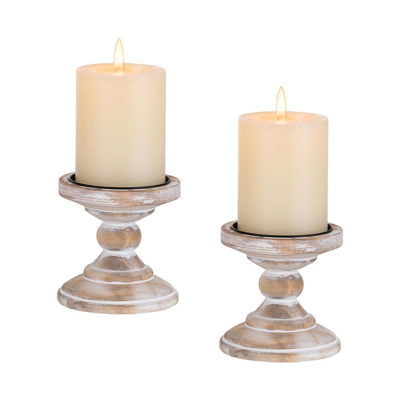 Inweder Wood Pillar Candle Holder 2Pcs Rustic White Candle Holders for Pillar Candles Wood Candle Holders Distressed Wooden Farmhouse Candle Holder Large Rustic Candle Holder for Fireplace Table - Image 2