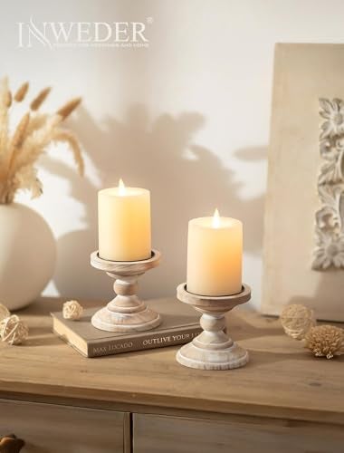 Inweder Wood Pillar Candle Holder 2Pcs Rustic White Candle Holders for Pillar Candles Wood Candle Holders Distressed Wooden Farmhouse Candle Holder Large Rustic Candle Holder for Fireplace Table - Image 3