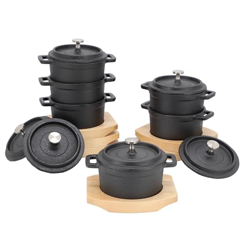 Elama MegaChef Cast Iron 8 Ounce Mini Dutch Oven with Wood Tray, Cookware, Bakeware, Serveware (6 Piece) - Image 1