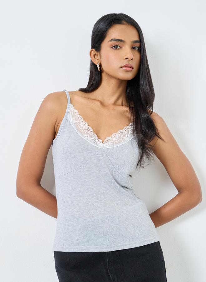 Take Two Grey Lace Trim Strappy Top - Image 2