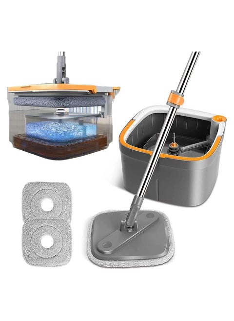 Spin Mop and Bucket Set with Self-Separating System for Dirty and Clean Water, Self-Squeezing 360 Degree Rotating Square Mop Head for Wood, Tile, Marble Floors