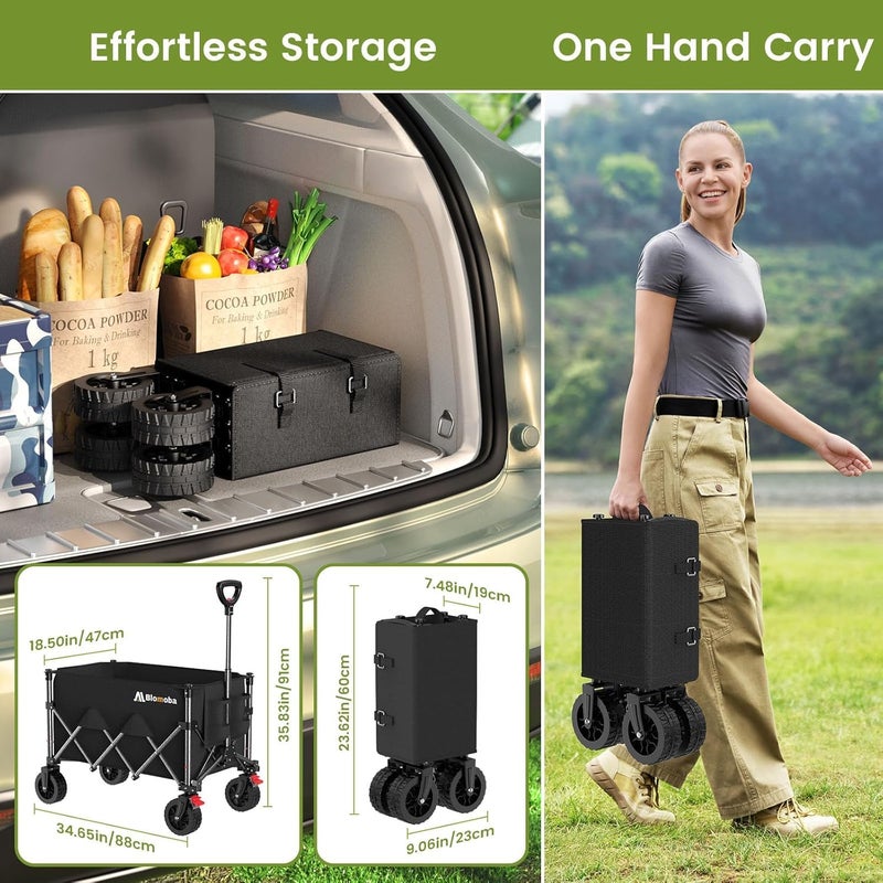 Blomoba Collapsible Wagon Cart, 150L Heavy Duty Foldable Beach Wagon with Wider Wheels & Auto-Rebound Handle, Utility Grocery Shopping Cart for Garden, Shopping, Camping, Sports, Black - Image 3