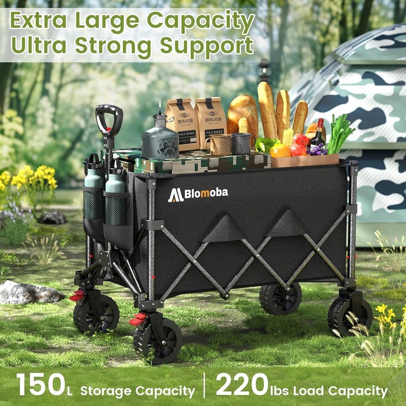 Blomoba Collapsible Wagon Cart, 150L Heavy Duty Foldable Beach Wagon with Wider Wheels & Auto-Rebound Handle, Utility Grocery Shopping Cart for Garden, Shopping, Camping, Sports, Black - Image 4