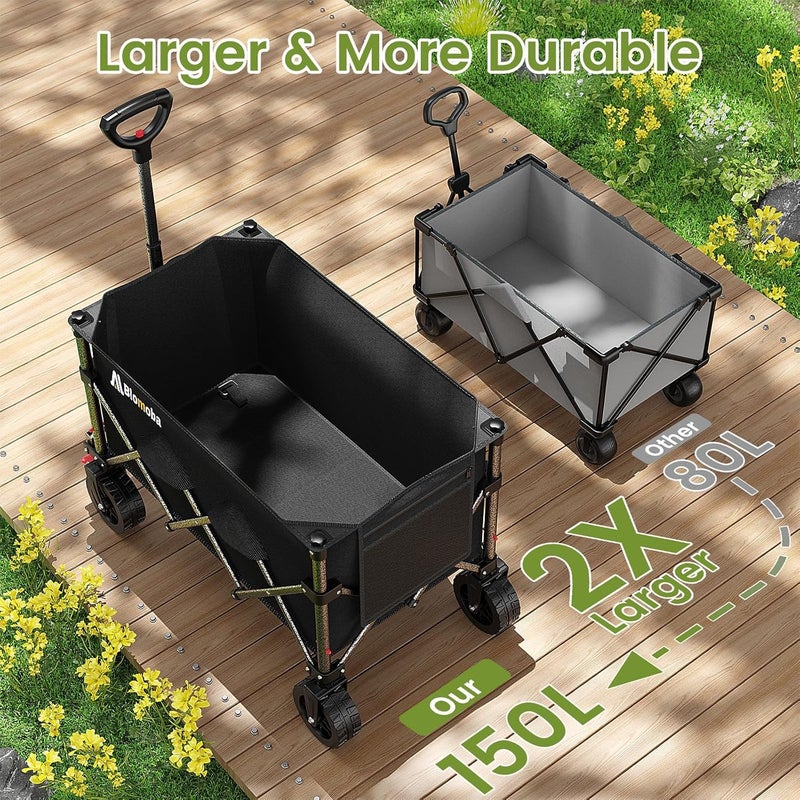 Blomoba Collapsible Wagon Cart, 150L Heavy Duty Foldable Beach Wagon with Wider Wheels & Auto-Rebound Handle, Utility Grocery Shopping Cart for Garden, Shopping, Camping, Sports, Black - Image 5
