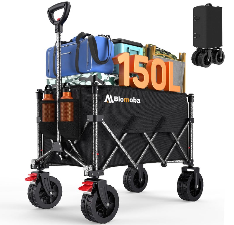 Blomoba Collapsible Wagon Cart, 150L Heavy Duty Foldable Beach Wagon with Wider Wheels & Auto-Rebound Handle, Utility Grocery Shopping Cart for Garden, Shopping, Camping, Sports, Black - Image 1