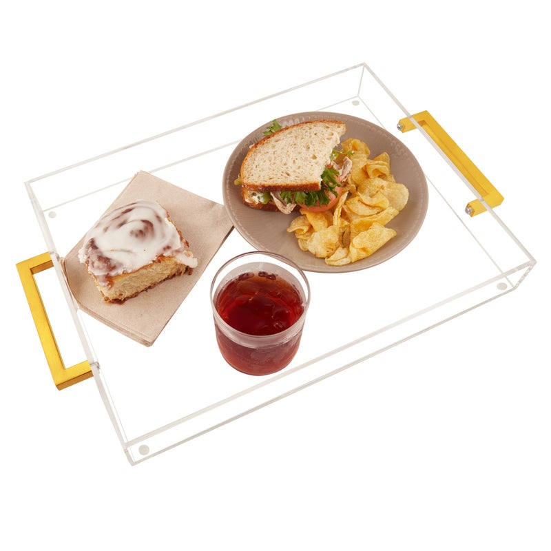 Acrylic Serving Tray with Gold Handles 16 x 12 Decorative Tray for Coffee Table SpillProof Server for Food and Drinks Multipurpose for Kitchen Countertop Vanity Ottoman and Parties Clear