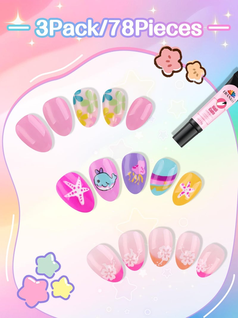 EBANKU 78PCS Kid Press on Nails, EBANKU 3 Pack Children Fake Nail Kit Full Cover Short False Fingernails with Nail Glue for Girl Nail Decorationï¼ˆPink Flowerï¼‰ - Image 3
