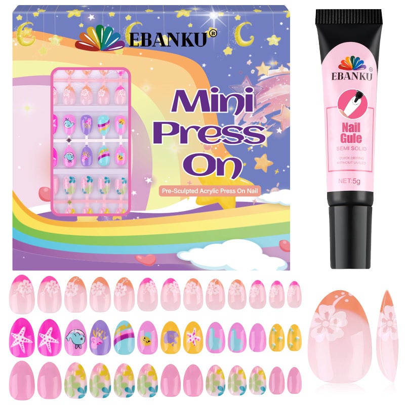 EBANKU 78PCS Kid Press on Nails, EBANKU 3 Pack Children Fake Nail Kit Full Cover Short False Fingernails with Nail Glue for Girl Nail Decorationï¼ˆPink Flowerï¼‰ - Image 1