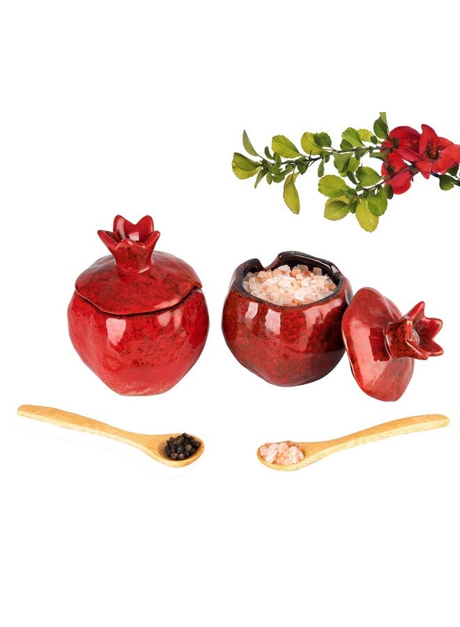 GABROC GABROC Salt Cellar 2 PCS Ceramic Pomegranate Shaped Salt Bowl With Lid and Spoon  - Image 1