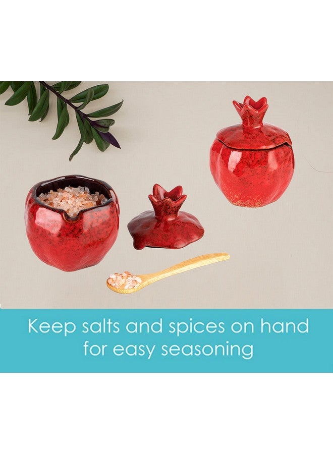 GABROC GABROC Salt Cellar 2 PCS Ceramic Pomegranate Shaped Salt Bowl With Lid and Spoon  - Image 5