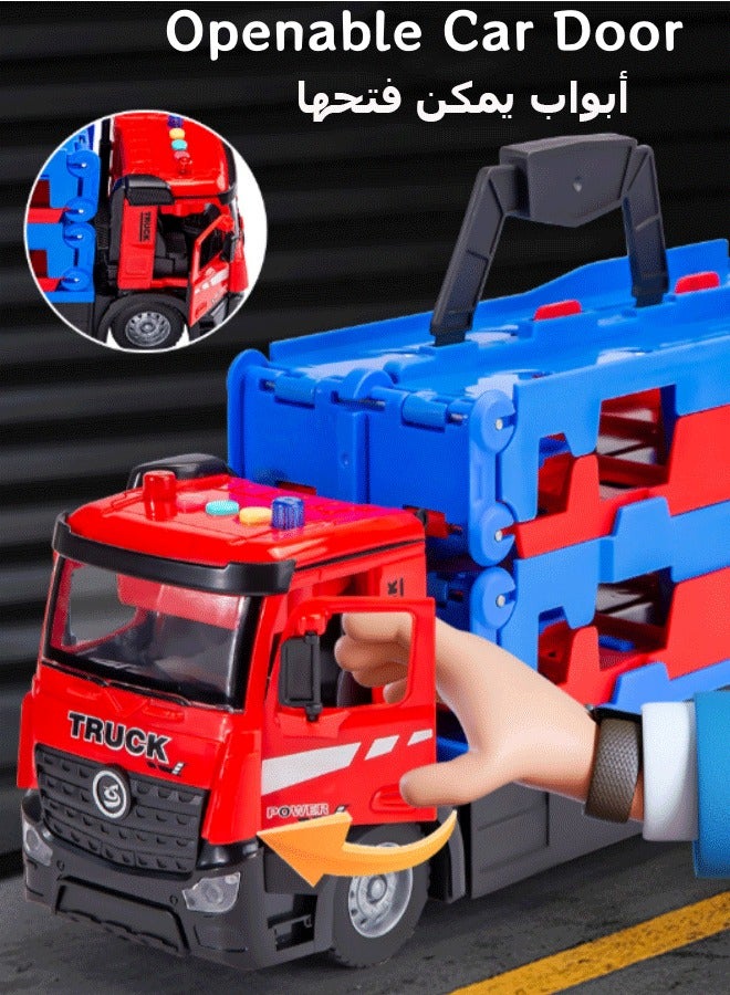 Car Racing Track Toy Playset, Foldable 2 Layer Car Race Track Truck Transport Car Carrier Container Truck Racing Track Parking Garage Ejection Race Truck with 8 Alloy Cars & Crane for Boys Girls 3+Years (Blue + Orange)  - Image 4