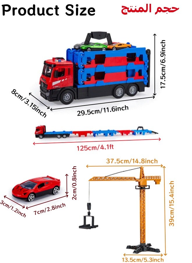 Car Racing Track Toy Playset, Foldable 2 Layer Car Race Track Truck Transport Car Carrier Container Truck Racing Track Parking Garage Ejection Race Truck with 8 Alloy Cars & Crane for Boys Girls 3+Years (Blue + Orange)  - Image 3