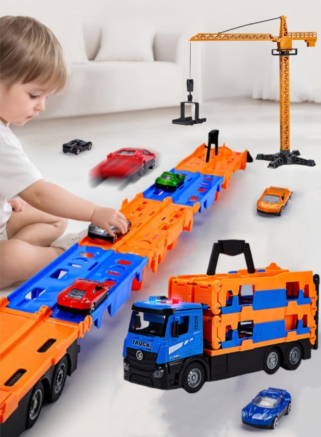 Car Racing Track Toy Playset, Foldable 2 Layer Car Race Track Truck Transport Car Carrier Container Truck Racing Track Parking Garage Ejection Race Truck with 8 Alloy Cars & Crane for Boys Girls 3+Years (Blue + Orange)  - Image 1