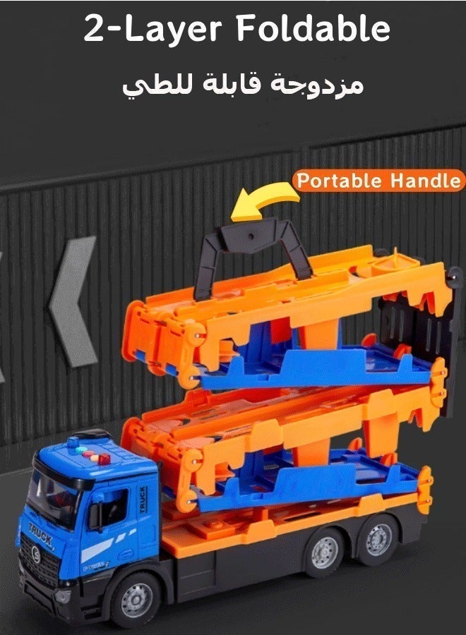 مجموعة ألعاب سباق سيارات قابلة للطي من طبقتين مع ناقلة شاحنات، وشاحنة حاويات، ومرآب سيارات، وشاحنة سباق قابلة للقذف، ورافعة، و8 سيارات معدنية - لعبة داخلية/خارجية للأولاد والبنات من عمر 3 سنوات فما فوق (أزرق + برتقالي) - Image 5