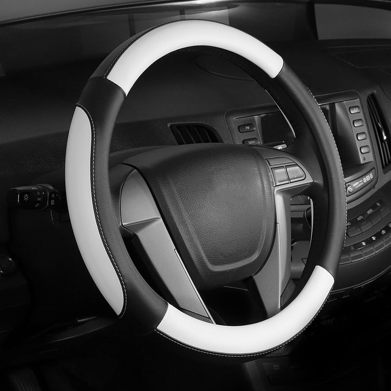 SEG Direct Car Steering Wheel Cover Small Size for Prius Civic Model 3 Model Y Camaro Rogue with 14-14 1/4 inches Outer Diameter, Black and White Mirofiber Leather - Image 1