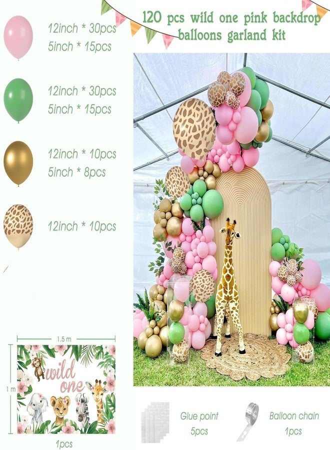 Janinus Pink Wild One Balloon Arch with Backdrop 59x40 Inch for Wild One Birthday Decoration, Safari Jungle Balloons Garland Arch Kit Giraffe Pink Sage Green Balloons of First 1st Birthday Decorations Girl - Image 2