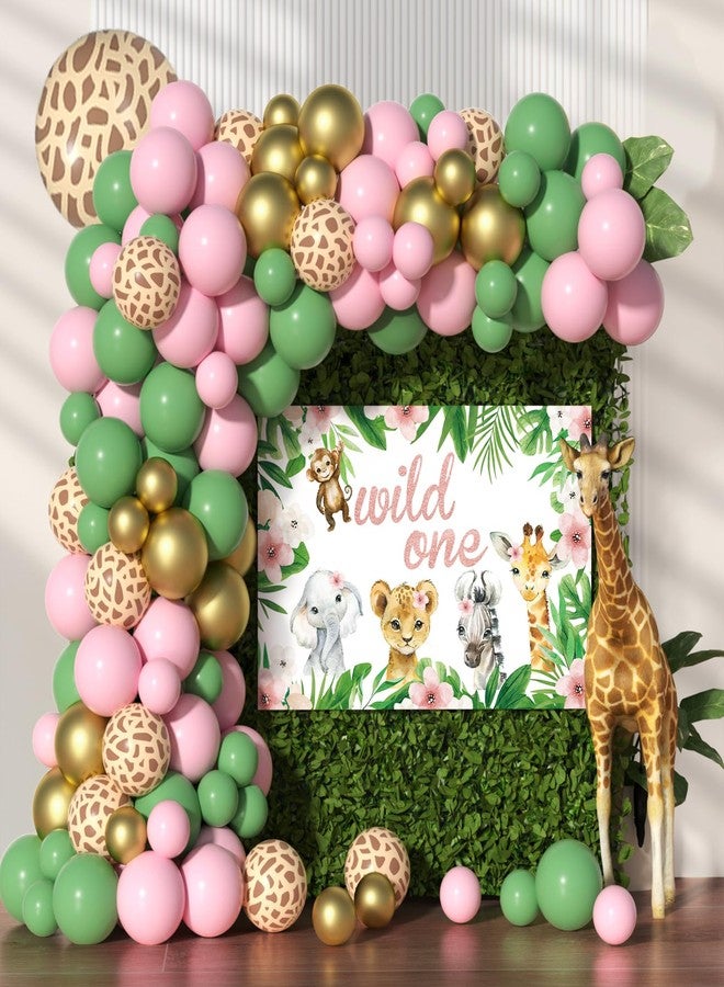 Janinus Pink Wild One Balloon Arch with Backdrop 59x40 Inch for Wild One Birthday Decoration, Safari Jungle Balloons Garland Arch Kit Giraffe Pink Sage Green Balloons of First 1st Birthday Decorations Girl - Image 1