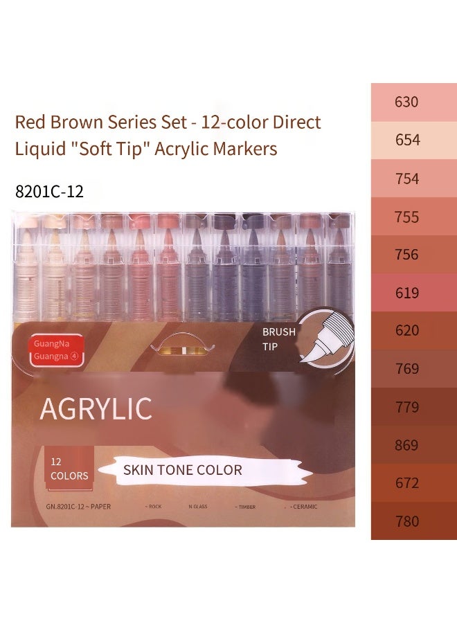 Guangna 12 Skin Tone Acrylic Paint Markers, Red Brown Brush Tip Acrylic Paint Pens for Pumpkin Paint, Rock Painting, Wood, Glass, Paper, Coloring Book, Ceramic, Canvas, DIY Crafts, Water-Based Ink - Image 1