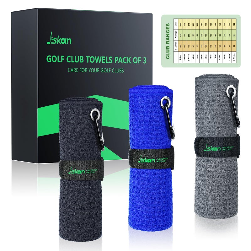 Jiskan Pro Golf Towel for Golf Bags Microfiber (16" X 16") with Hook, Loop Fastener and Gift Box, Essentials Accessories&Gifts for Men/Women Golfers (Black+Grey+Blue) - Image 2