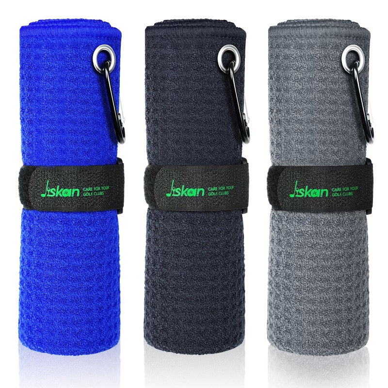 Jiskan Pro Golf Towel for Golf Bags Microfiber (16" X 16") with Hook, Loop Fastener and Gift Box, Essentials Accessories&Gifts for Men/Women Golfers (Black+Grey+Blue) - Image 1