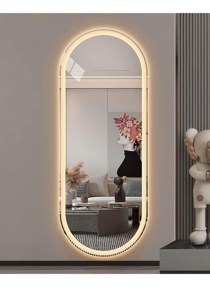 فيبارتي مرآة بيضاوية مضاءة بإضاءة LED كاملة الطول 160 × 60 سم، مرآة طويلة قائمة بذاتها مع إضاءة خافتة و3 ألوان، شكل بيضاوي مثبت على الحائط، تحكم ذكي باللمس - مرآة حديثة لكامل الجسم لغرفة النوم، وغرفة الملابس، والحمام، والصالون، وديكور المنزل، ومرآة الزينة . - Image 1