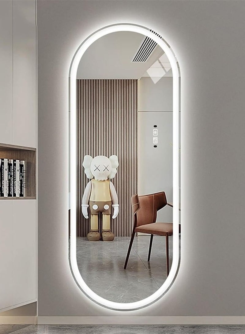 فيبارتي مرآة بيضاوية مضاءة بإضاءة LED كاملة الطول 160 × 60 سم، مرآة طويلة قائمة بذاتها مع إضاءة خافتة و3 ألوان، شكل بيضاوي مثبت على الحائط، تحكم ذكي باللمس - مرآة حديثة لكامل الجسم لغرفة النوم، وغرفة الملابس، والحمام، والصالون، وديكور المنزل، ومرآة الزينة . - Image 2