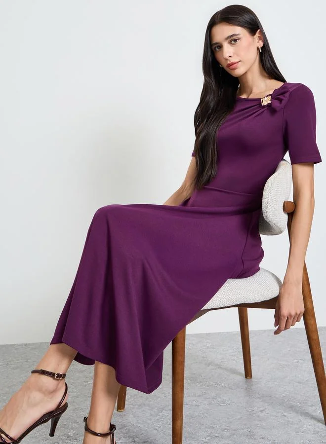 ستايلي Purple Short Sleeves A-Line Midi Dress