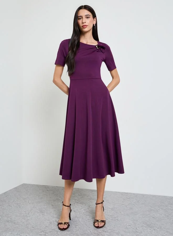 ستايلي Purple Short Sleeves A-Line Midi Dress