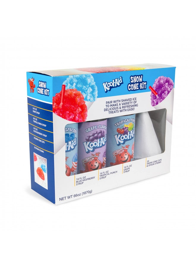 Nostalgia Kool-Aid Snow Cone Syrup Party Kit, Shaved Ice, Comes With Straws, Cups, Spoons, Flavors Of Tropical Punch, Grape, Blue Raspberry, Fun For Kids, Celebrations, Gifting, Multicolor