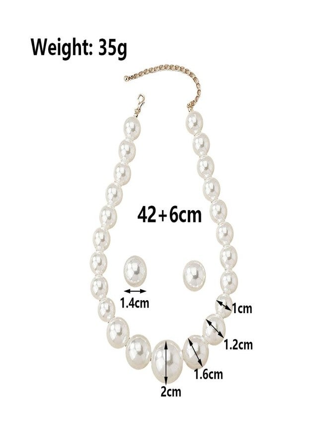 FUTIMELY Chunky Pearl Necklace Earrings Set,Vintage Large Imitation Pearl Statement Choker Earring,Charming Big Bead Jewelry Set for Bridal Wedding(White) - Image 3