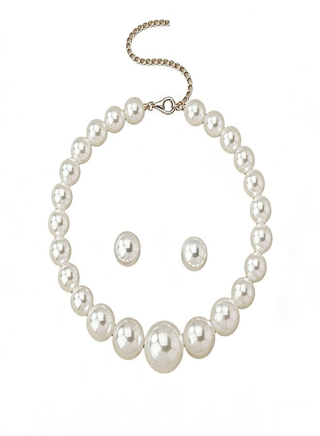 FUTIMELY Chunky Pearl Necklace Earrings Set,Vintage Large Imitation Pearl Statement Choker Earring,Charming Big Bead Jewelry Set for Bridal Wedding(White) - Image 1