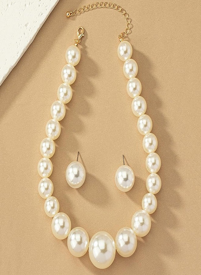 FUTIMELY Chunky Pearl Necklace Earrings Set,Vintage Large Imitation Pearl Statement Choker Earring,Charming Big Bead Jewelry Set for Bridal Wedding(White) - Image 5