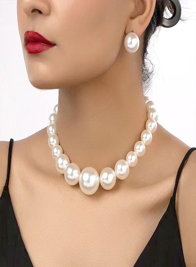 FUTIMELY Chunky Pearl Necklace Earrings Set,Vintage Large Imitation Pearl Statement Choker Earring,Charming Big Bead Jewelry Set for Bridal Wedding(White) - Image 2