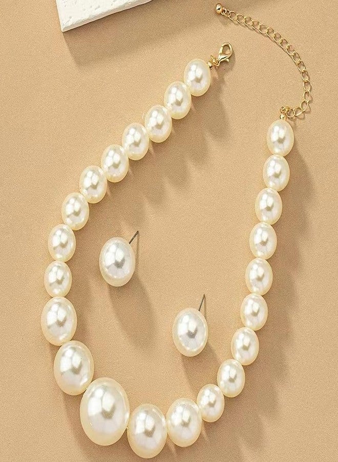 FUTIMELY Chunky Pearl Necklace Earrings Set,Vintage Large Imitation Pearl Statement Choker Earring,Charming Big Bead Jewelry Set for Bridal Wedding(White) - Image 4