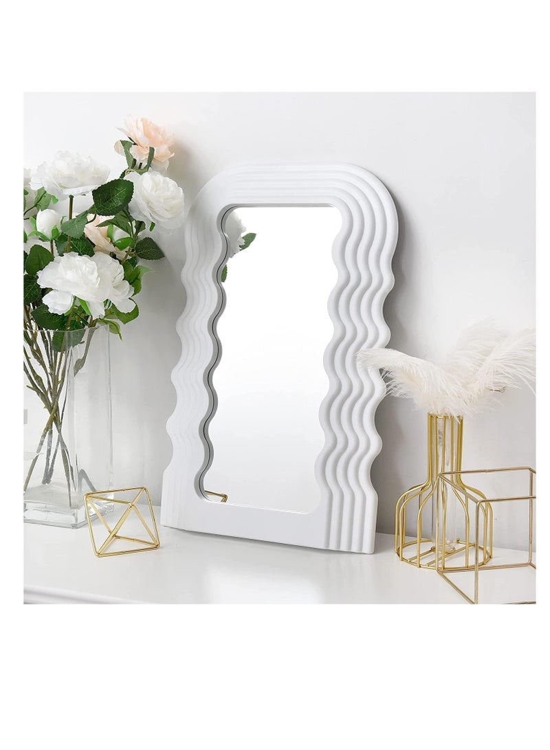 Aesthetic Wave Pattern Irregular Frame Mirror, Decorative Desk Wall Mirror for Living Room Bedroom Hallway Home Decor (White) - Image 1