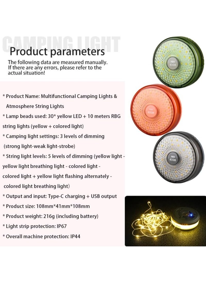 Generic - 2 in 1 Camping String Lights Outdoor Lights with 8 Lighting Modes RGB USB Charging Rechargeable Camping Lantern for Patio 10m - Image 1