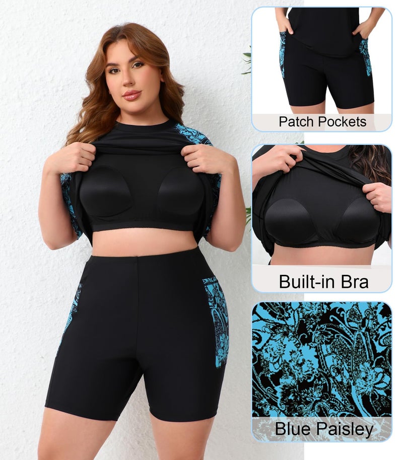 Halcurt Women 2 Piece Plus Size Swimsuit Short Sleeve Bathing Suit Rash Guard with Built in Bra Paisley 2X - Image 5