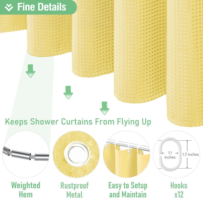 Dynamene Yellow Fabric Shower Curtain - Waffle Weave Textured Heavy Duty Cloth Shower Curtains for Bathroom, 256GSM Hotel Luxury Weighted Bath Curtain Set with 12 Hooks,72x72, Yellow - Image 5