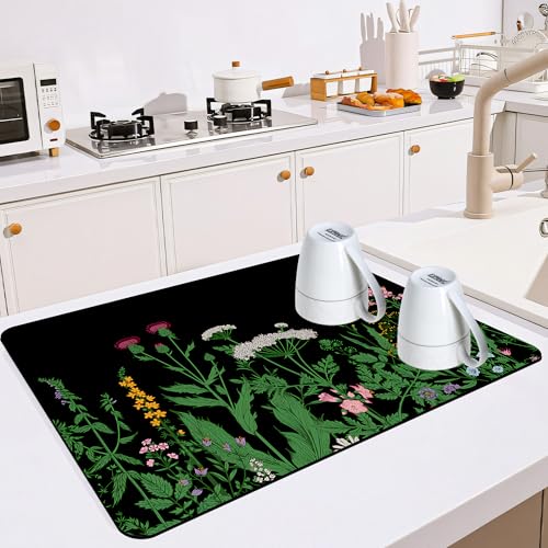 Mokiwala Dish Drying Mat for Multiple Usage. Super Absorbent, Easy clean, Quick dry, Cocina Accesorios for Kitchen Counter or Faucet Sink, Coffee bar, Refrigerator or Air fryer liners, 1 Pack Flower - Image 2