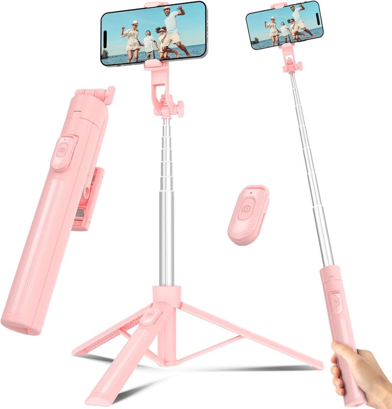 Liphisy Wear resistant upgraded material Selfie Stick Travel Tripod for Cell Phone with Remote Control and Phone Holder, Extendable Selfie Stick for iPhone, iPhone Tripod for Video Recording, 63 Inch, Pink General standard compliant quality - Image 1