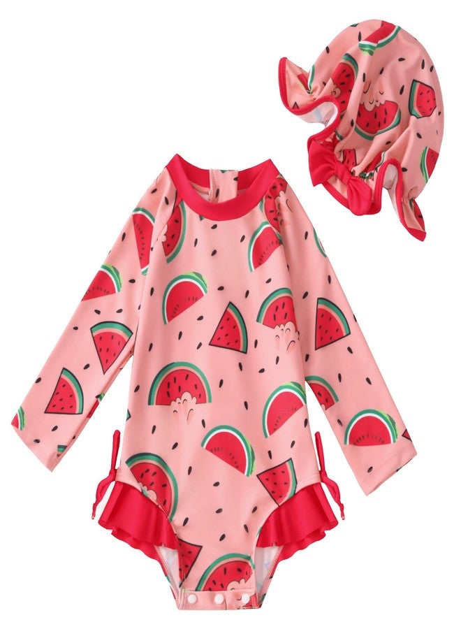 AMAWMW Infant Baby Girl Swimsuit Long Sleeve One-Piece Swimwear with Hat Rash Guard Floral Zipper Bathing Suit Beach Wear - Image 1