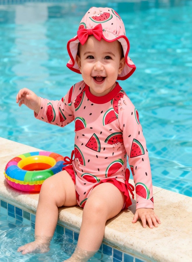 AMAWMW Infant Baby Girl Swimsuit Long Sleeve One-Piece Swimwear with Hat Rash Guard Floral Zipper Bathing Suit Beach Wear - Image 3